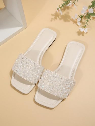 GORGLITTER Women's Rhinestone Sandals Glitter Strappy Sequin Shoes Square Toe Sparkly Flat Sandals3