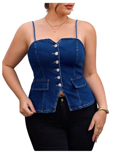 OYOANGLE Women's Plus Size Button Up Denim Cami Top Spaghetti Strap Fitted Jean Tops
