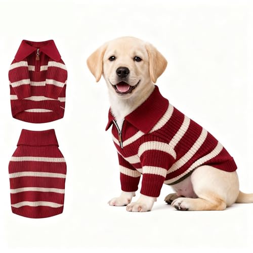 Image of Small Dog Sweater with Zipper, Knitted Striped Pullover Dog Clothes for Cold Weather, Thick Warm Cozy Stretchy Sweater for Chihuahua, Bulldog, Dachshund, Pug(Red & White Strip, XL)