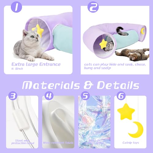 Image of Cat Tunnel, Large Indoor Durable Collapsible Interactive Cat Tube with Peek-A-Boo Hole, Hanging Toys, and Crinkly Paper Lining - Cute Tunnel for Cats, Kittens, Puppies & Rabbits, Purple