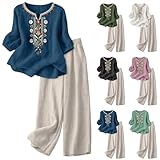 CRNTCEM linen sets women Womens Cute Summer Flowy Matching Suit Boho Embroidered Tops Wide Leg Pants Casual Sets 3/4 Sleeve Tees Elastic Waist Trousers Beach Vacation Outfits