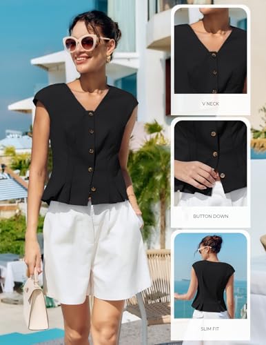 Kate Kasin Womens Button Down Crop Tops, Cap Sleeve Work Shirt, Slim Fit Cute Vest Trendy Black — view 5