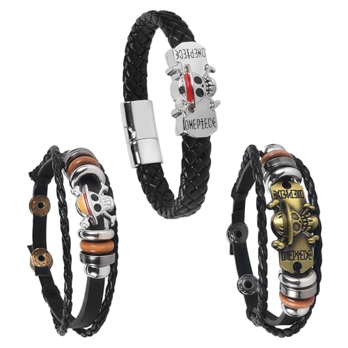 3 Piece Anime Bracelet Skull Punk Leather Wristband for Men, Anime Jewelry Gift Accessories