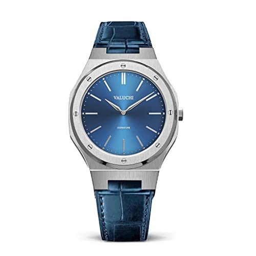 Valuchi Lusso Moda Uomini Signature Impermeabile Acciaio Inossidabile Pelle Italiana Quarzo Giapponese Vetro Minerale Orologio Elegante dal Design Casual (Blu Argento