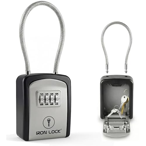 Iron Lock® Key Lock Box Portable with Cable Shackle – Small Waterproof Heavy-Duty Metal Safe with 4-Digit Combination for Spare Keys Outside on Door Knob, Fence, Pipe or Gate (Grey, Small)