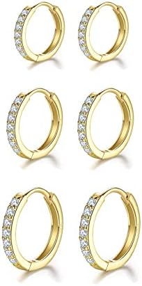 925 Sterling Silver Hoop Earrings ,12mm Hypoallergenic Huggie Small Hoop Earrings with AAA+ Cubic Zirconia for Women Girls, Sleepers Hoop Earrings in 3 Colors(Silver/Gold/Rose Gold)