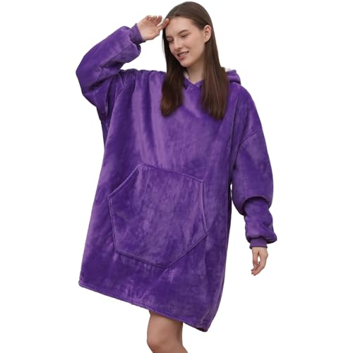 ZhangShi Wearable Blanket Hoodie Oversized Sherpa Fleece Sweatshirt Blanket with Giant Hood Pocket and Sleeves for Adult Warm & Cozy Deep Purple Blanket Gifts for Women Men