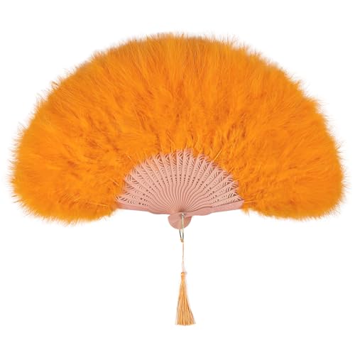 whitefeather Vintage Feather Hand Fan, 17.7 x 11.8 inches, Marabou Feathers, 1920s Style for Costume Parties, Tea Parties (1, Orange)