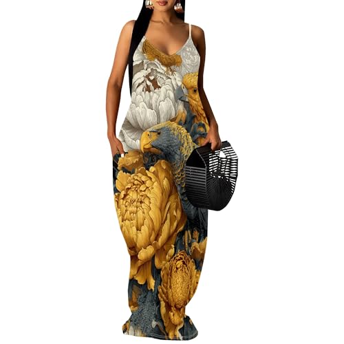 Image of Women's Summer Maxi Dress Spaghetti Strap Floral Boho Beach Long Sundress with Pockets