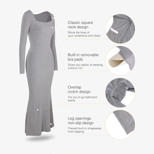 Image of Popilush Long Sleeve Formal Dress with Built in Shapewear Bra Maxi Dress | Light Tummy Control, Square Neck, Floor Length, Removable Cups, Wedding Guest Evening Bodycon Dress