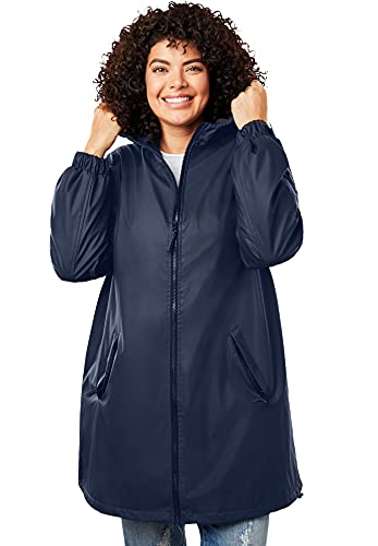 Woman Within Women's Plus Size Hooded Slicker Raincoat - 3X, Navy Blue