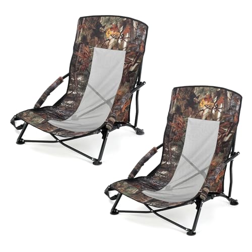 ARROWHEAD OUTDOOR 2-Pack Portable Folding Turkey Hunting Blind Chair with Padded Armrest, No-Sink Feet and Shoulder Strap, Camouflage, Low Profile, Mesh Seat