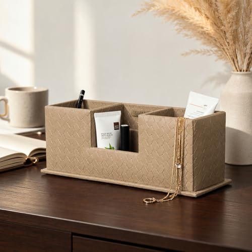 Three Sixty Desk Organiser 11”x4” Faux Leather w/Weave Texture, 4 Sections, MDF Multi-functional Desktop Organiser for Office, Home, Study and Holder 