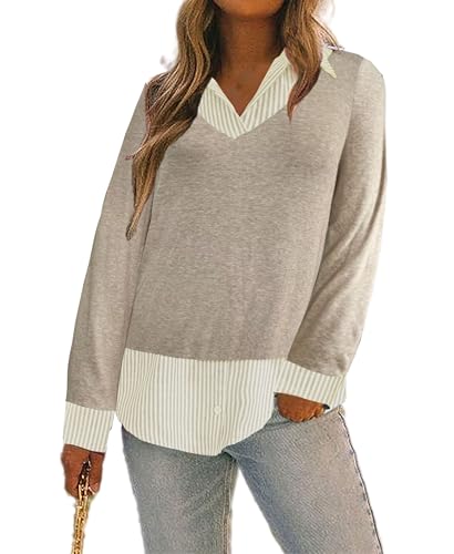 Image of Oyamiki Women's Casual Collared Curved Hem 2 in 1 Pullover Tops Plaid Contrast Shirt Blouse