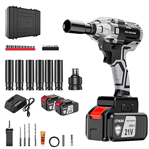 Elsoon Cordless Impact Wrench 1/2 Inch, 21V Brushless Power Impact Gun, Max Torque 346 Ft-Lbs(470N.m), 2X4.0Ah Li-Ion Battery, 6Pcs Driver Impact Sockets, High Torque Power Impact Wrench For Car Home #TOP6