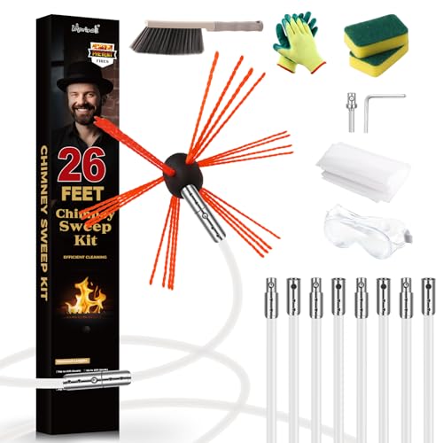 Morinoli 26 Feet Chimney Sweep Kit Chrome Button Locking System Chimney Cleaning Kit Chimney Brush Chimney Cleaning Tool Chimney Cleaning System with 8 Flexible Chimney Rods