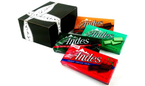 Andes Mints 4-Flavor Variety: One 4.67 oz Package Each of Crème De Menthe, Cherry Jubilee, Mint Parfait, and Toffee Crunch in a BlackTie Box (4 Items Total)