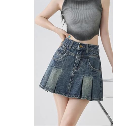 Women's High-Waisted Slim A-Line Skirt Summer Pleated Mini Denim Skirt3