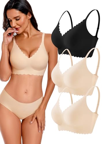 Image of 3-Pack Wireless Womens Bras No Underwire Seamless Jelly Bra Light Support Pullover Bralette Ultra Comfort Tshirt Bra