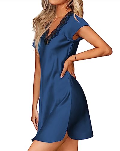 Image of Ekouaer Satin Nightgowns for Women Lace Nightgown Short Sleeve Nightshirt | Satin Night Gowns Women Sexy, Short Sleeves Night Dress, Lace V Neck, Above Knee Length, Cocktail Dates,Bridal Nightgowns