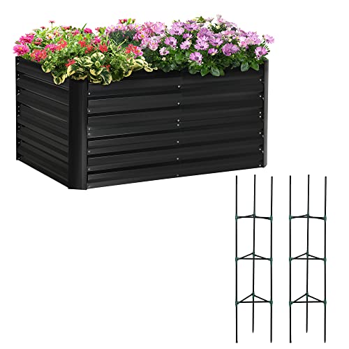 Outsunny Raised Garden Bed With 2 Trellis Tomato Cages, Galvanized Elevated Planter Box With Reinforcing Rods, Elevated & Metal For Climbing Vines, Grapes, Vegetables, 4' X 3' X 2', Black #TOP28