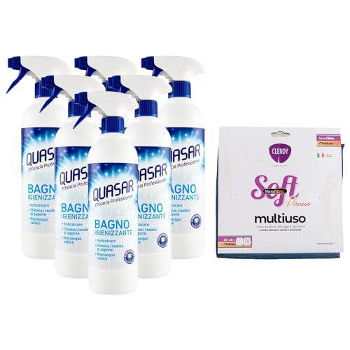 SET PULIZIA: 6x Quasar Detergente BAGNO Igienizzante Spray, Anticalcare, Elimina i Residui Di Sapone, Risciacquo Veloce 580ml + Panno In Microfibra SOFT, Panno Multiuso (Colori Assortiti)