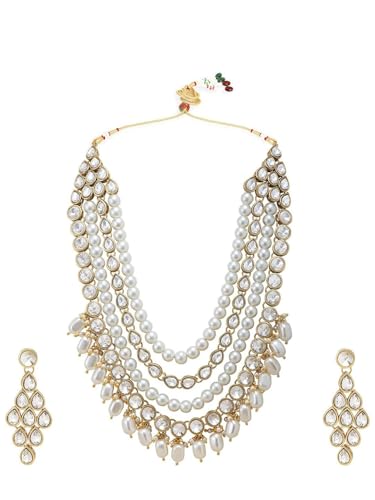 Juego de joyas Jadau Kundan DMZ-2386 con perlas de latón de alta joyería tradicional