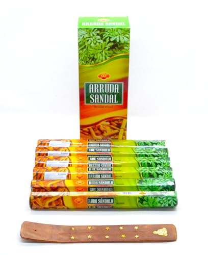 120 x Sandalo y arruda Sandalwood and Rue. Varillas de Incienso, 6 Cajas, con Soporte de Madera Decorado, Incienso de Joss, Fragancia casera