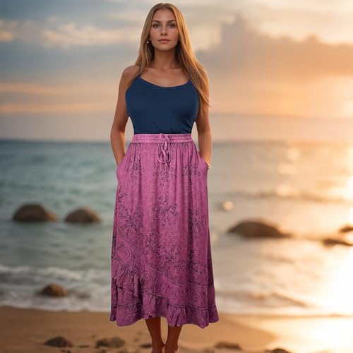 Agan Traders Women's 2025 Summer Western Boho Vintage Drawstring Embroidered Flared Ruffle High Waist Long Skirt4