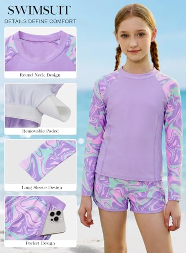 Image of Alakuoti Girls Rash Guard Swimsuit Two Piece Bathing Suit UPF 50+ Sun Protection Long Sleeve Swimwear 6-14 Years