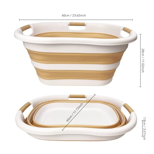 Image of SAMMART 40L (10.5 gallon) Set of 2 Collapsible Plastic Laundry Hamper - Foldable Pop Up Storage Container /Organizer - Portable Washing Tub - Space Saving Basket (2, White /Beige)