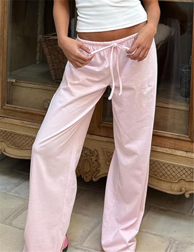 OLAMIOSO Calça feminina listrada de perna larga, calça de pijama folgada de cintura baixa, Rosa clar
