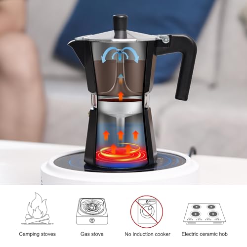 Sivaphe Stovetop Coffee Maker 150ml/3 Cups, Aluminium Moka Pot Italian Espresso Maker with Heat-Resistant Handle, Black - Image 4
