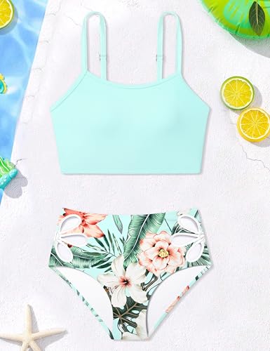 Image of Girls Tankini Swimsuit 2 Piece Bathing Suit Twist Cross Back Cutout Swim Tank Top Floral Print Swimwear for 7-18Y