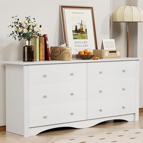YESHOMY Dresser with 6 Drawer, Wood Wide Chest Storage Organizer and TV Stand for Living Room, Hallway, Dormitory, White Cover