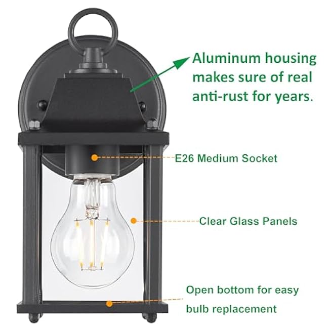 LIT-PaTH Outdoor Wall Lantern, Wall Sconce as Porch Lighting Fixture, E26 Base, Aluminum Housing Plus Glass, Water-Proof and Outdoor Rated, ETL Qualified, 1-Pack, Black