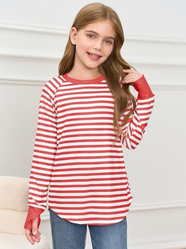 Image of Haloumoning Girls Striped Long Sleeve Shirts 5-14 Years | Thumb Hole, Crewneck, girls tops,Tunic Tops, Curved Hem Tees
