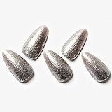 GLAMERMAID Matel Sliver Press on Nails Medium Almond, Handmade Metal Chrome Fake Nails Stiletto, Gloss Gel Glue on Nail Short Oval Kit for Women, Reusable Luxe Glitter Gold Stiletto False Nail Tip