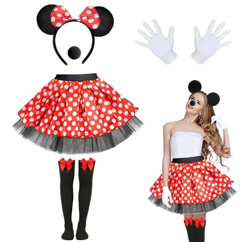 HOVCEH Disfraz de Minnie Mouse para adultos para niñas y mujeres, kit de 6 piezas de disfraces lindos y elegantes, orejas de Minnie Mouse + falda tutú roja + nariz + pajarita + guantes + calcetines