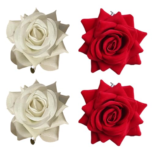 4er-Pack Blumen-Haarspangen, Haarspangen, Blumen, rote Rosen-Haarspangen, weiße Rosen-Haarspangen, Rosenblüten-Haarschmuck für Mädchen, Frauen, Party, Strand, Hochzeit, Geburtstag