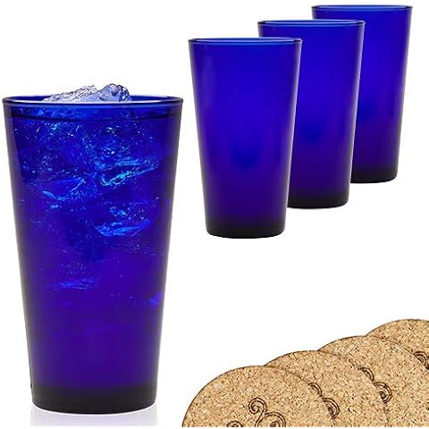 ECODESIGN-US Cobalt Blue 17.25 Ounce Glasses - Set of 4 - Flare Tumblers w/Coasters Cover