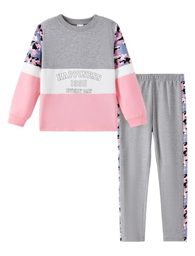 Image of PATPAT Girls 2 Piece Outfits Size 5-6 Years, Grey Camouflage Print Sweatshirts and Leggings Clothing Sets Sweatsuit Fall Outfits Joggers Lounge Set Tracksuit Kids Clothes Girls
