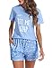 Uniexcosm Schlafanzug Damen Kurz Baumwolle Zweiteiliger Pyjama Set Kurzarm Nachtwäsche Wimperndruck Sleepwear Hausanzug Loungewear Stil 1:Himmelblau-1 L
