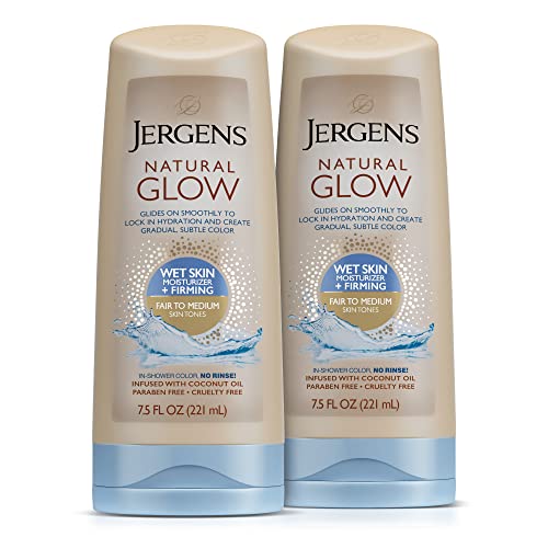 Jergens Natural Glow +FIRMING In-shower Lotion, Self Tanner for Fair to Medium Skin Tone, Wet Skin Lotion, Sunless Tanner Locks in Hydration for Gradual, Flawless Color, 2 - 7.5 Ounce