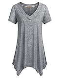 Miusey Womens Short Sleeve V Neck Asymmetrical Hemline Flowy Blouse Handkerchief Hem Tunic Tops