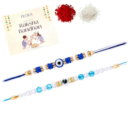 Image of Peora Evil Eye & Crystals Studded Rakhi for Brother Bhaiya | Red Thread | Raksha Bandhan Hamper with Roli Chawal Greeting Card