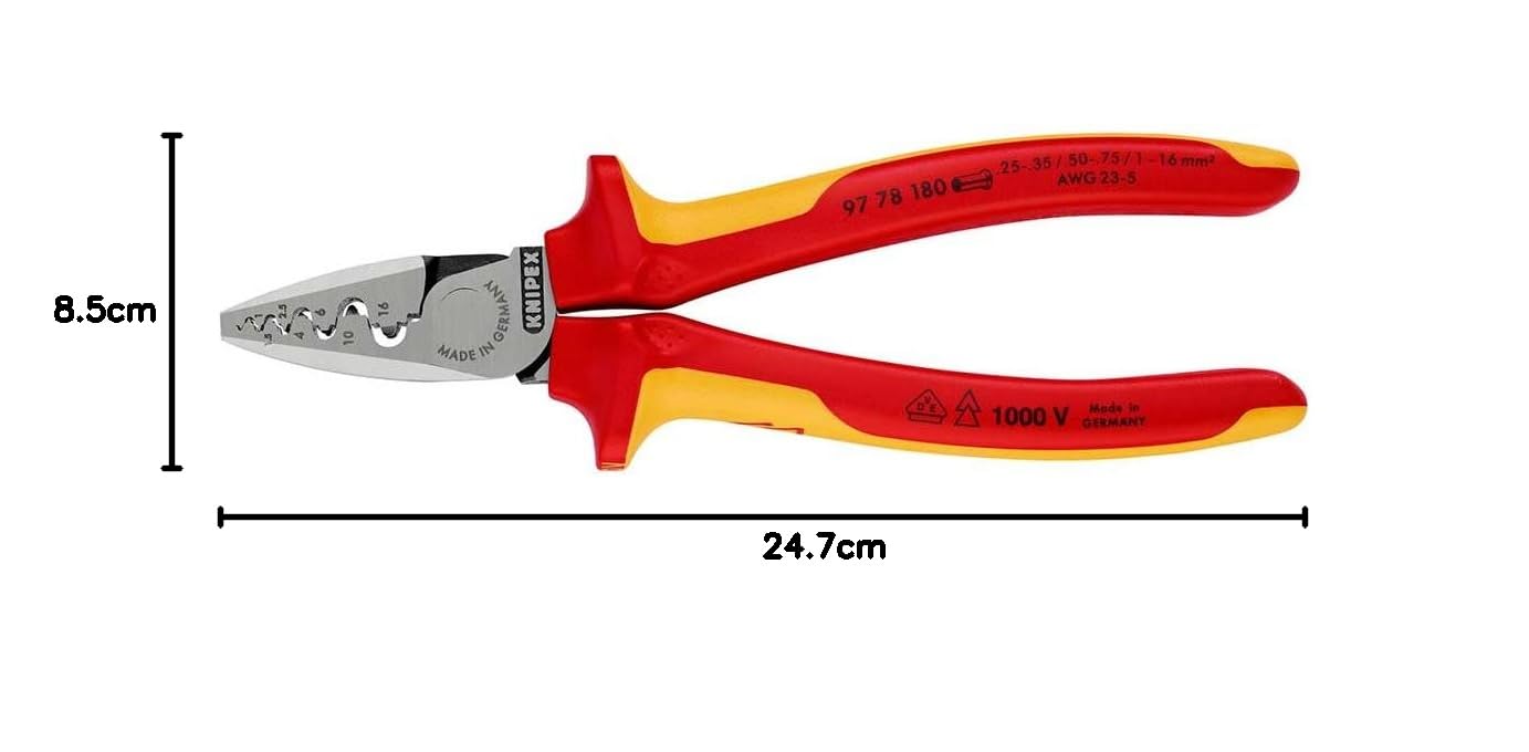 KNIPEX Szczypce do zagniatania tulejek kablowych w opakowaniu z zawieszką z wielokomponentowymi osłonkami, izolowane wg VDE 180 mm, 97 78 180 SB