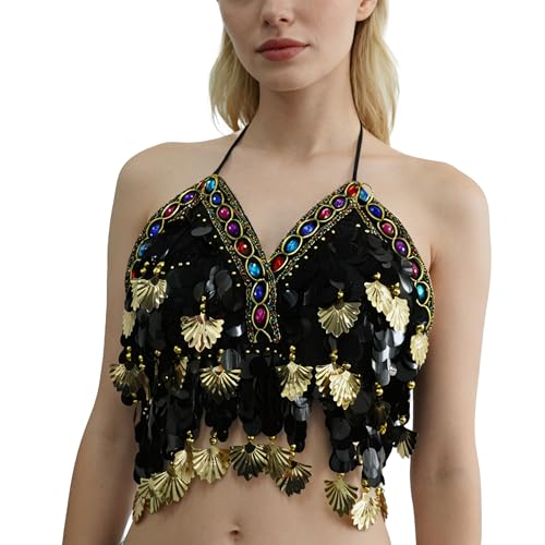 Top de lentejuelas con monedas doradas sujetador halter negro de danza belly dance y tribal