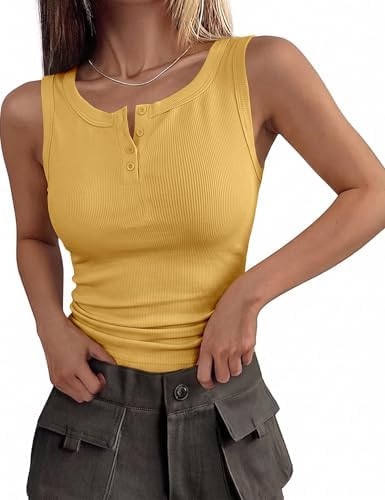 Débardeur d'été Totatuit pour femme, col Henley, coupe ajustée, uni, élégant et sexy, confortable et décontracté, jaune, taille M