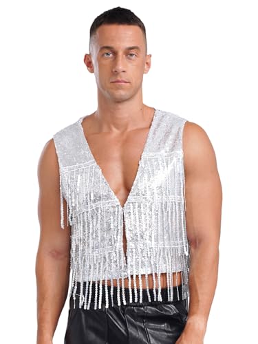 YiZYiF Men's Sequin Fringe Vest Sparkly Open Front Waistcoat Sleeveless Jackets Disco Vest Coat Tops